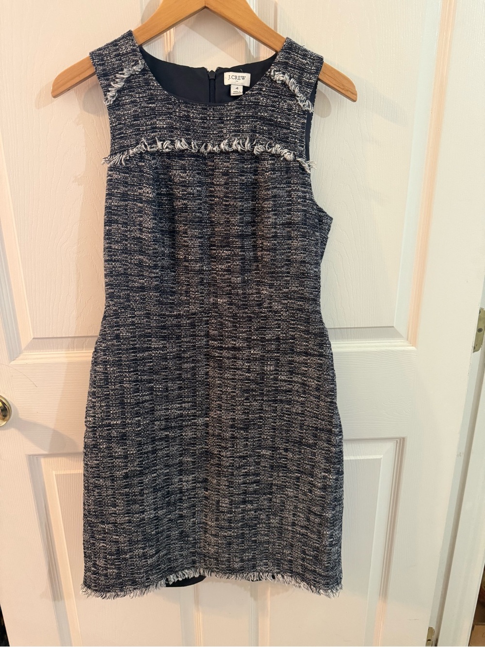 J. Crew Navy & White Tweed Fringe Sheath Dress